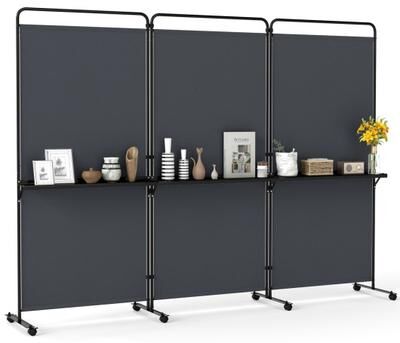 Costway 3-Panel Room Divider with Shelves 6 FT Tall Folding Privacy Screen with Lockable Wheels-Gray