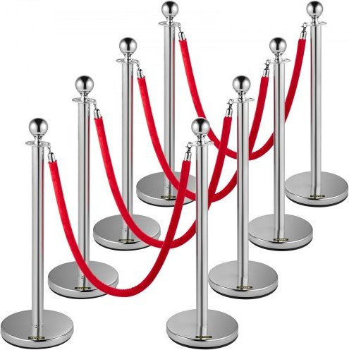 VEVOR Afsluitpalen Set van 8 met Rood Fluweelkoord van 1,5 meter en Zilveren Stanchions voor Menigtecontrole