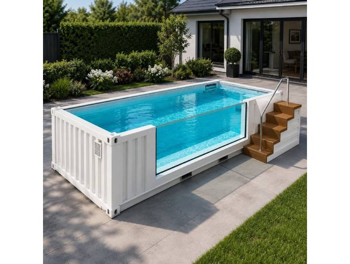 Piscine conteneurisée modulaire avec escalier intégré pour villa, loisirs en extérieur, positionnement de fenêtre personnalisé