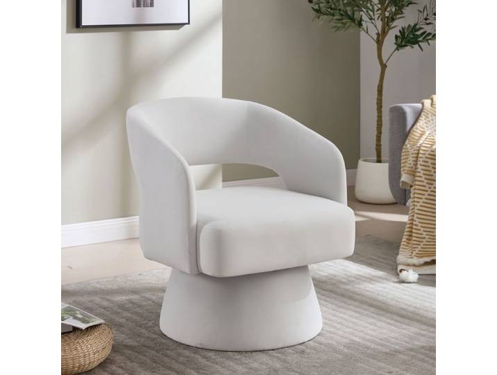 Fauteuil pivotant - WESTYLE - Chaise pivotante 360° - Velours blanc - Dossier ouvert - Pied métal pivotant