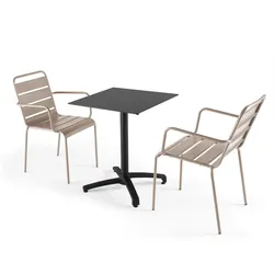 Oviala Business Tischgarnitur 60 cm schwarz und 2 taupefarbene Metallsessel