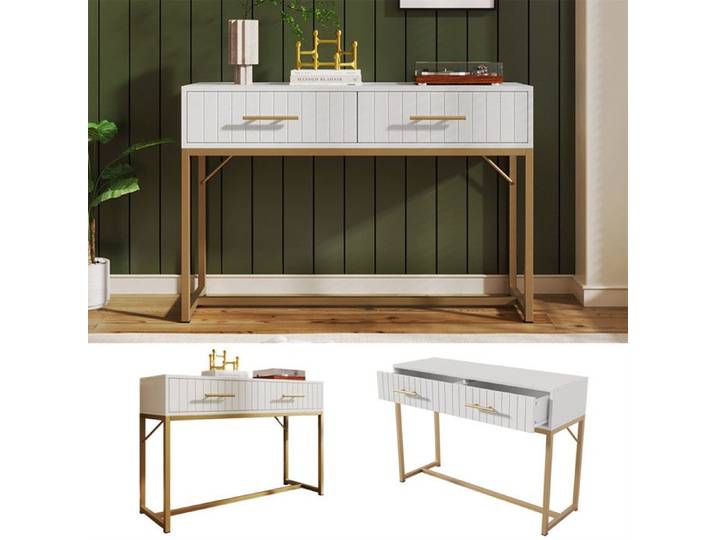 Coiffeuse étroite design contemporain Table métal robuste 2 portes 2 tiroirs fermants poignées montage simple chambre Blanc