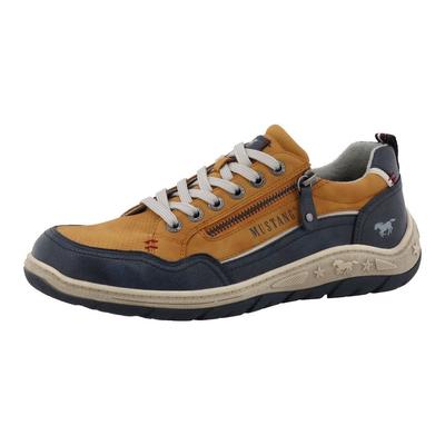 Sneaker MUSTANG SHOES "Benedetto", Herren, Gr. 43, Textil, braun (ockerfarben), Lederimitat, Schuhe Sneaker, Halbschuh, Schnürschuh, Freizeitschuh mit markantem Kontrastbesatz