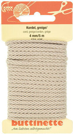 buttinette Baumwoll-Kordel für Bekleidung, greige, 4 mm Ø, Länge: 5 m