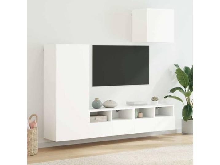 HEFZGDB 4-TLG. Wohnwand Weiß Holzwerkstoff TV Wandschrank Set mit Montagemöglichkeit und Stauraum Lösung