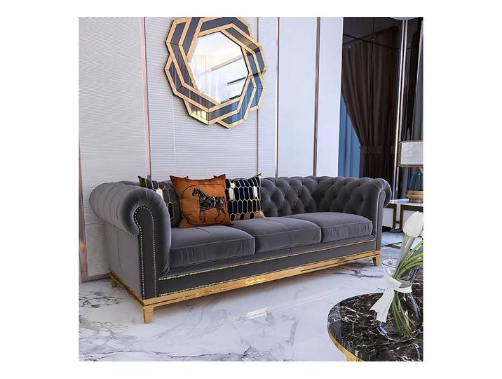 JVmoebel 3-Sitzer Graue Polstercouch mit goldenen Füßen und hochwertiger Polsterung, Made in Europa