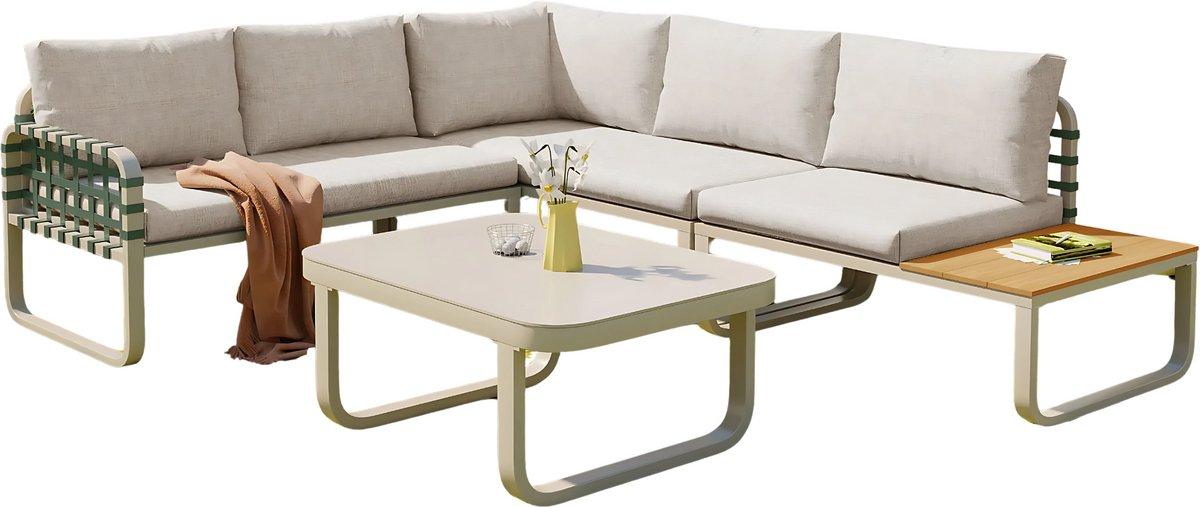 Happiq Gartenmöbel-Set - Loungeset - Gartenlounge - 4-5-Sitzer Lounge-Set - Grün Leder & Rattan - Mit komfortablen Sitzkissen