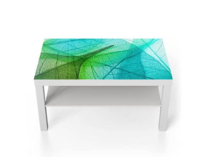 DEQORI Glastisch weiß groß 90x50 cm Motiv Durchleuchtete Blätter ausgefallener Beistelltisch aus Glas Hochglanz Couchtisch fürs Wohnzimmer moderner Couch Tisch mit Design