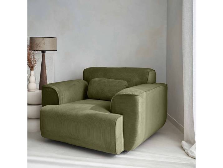 Fauteuil velours côtelé vert, coussin fourni