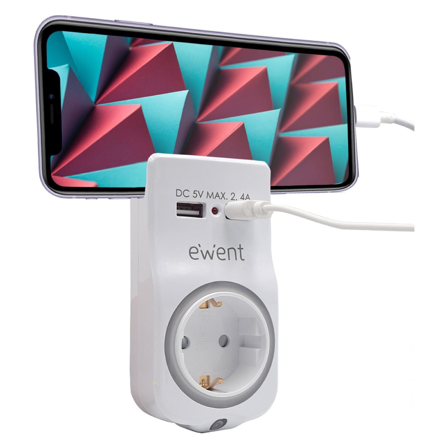 Ewent Cargador USB Ca 2 Puertos 2,4a 12w Shuko Soporte Movil Y Luz Nocturna Bl (2 Ports) (EW1225)