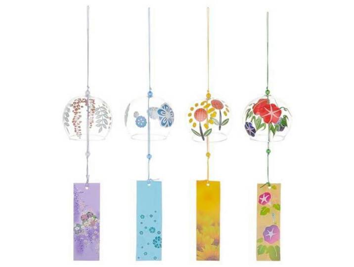 Windspiel 4-teiliges Set Glas Blumenmuster Himmelblau Mauve Bunt Gelb, Mehrfarbig, 18.4x9.5x22.8 cm, Dekoration, Gartendeko