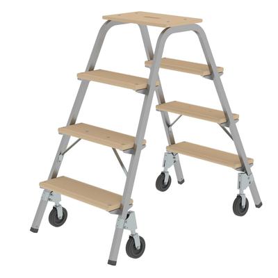 PROREGAL Stahl-Holz-Tritt mit Bockrollen | 2x4 Stufen | aus Stahl mit Holz-Stufen