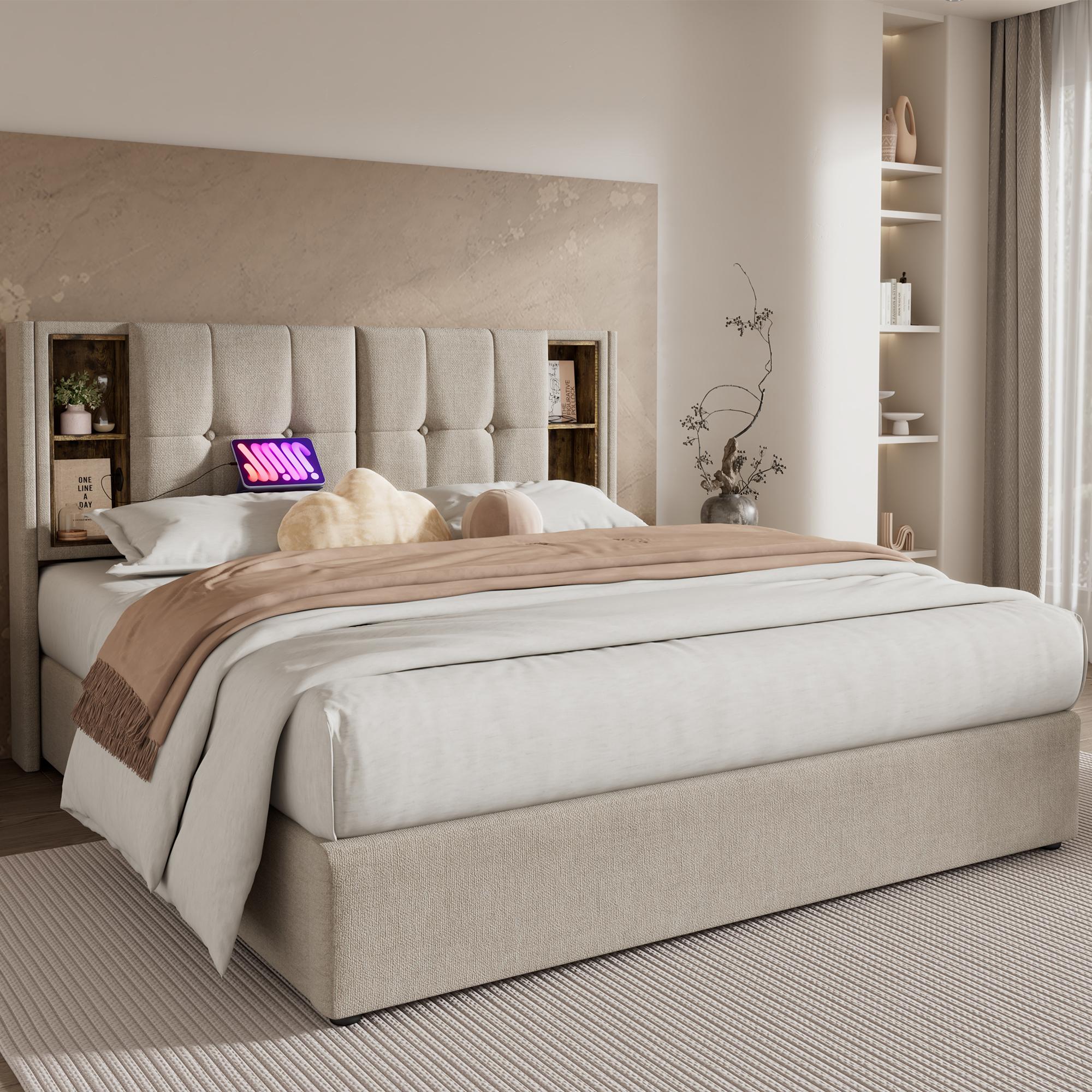 Doppelbett mit Kabellosem Laden USB C, Polsterbett Bettgestell 180x200cm,Bettgestell mit Stauraum Lattenrost aus Holz-Natürlich Leinen