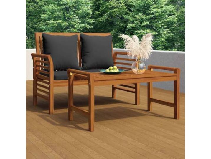 Sofabank mit Dunkelgrauen Kissen aus Massivholz Akazie Massives Akazienholz,geschwungene Rückenlehne,Armlehnen,abnehmbare Kissen,wasserdichte Hülle empfohlen