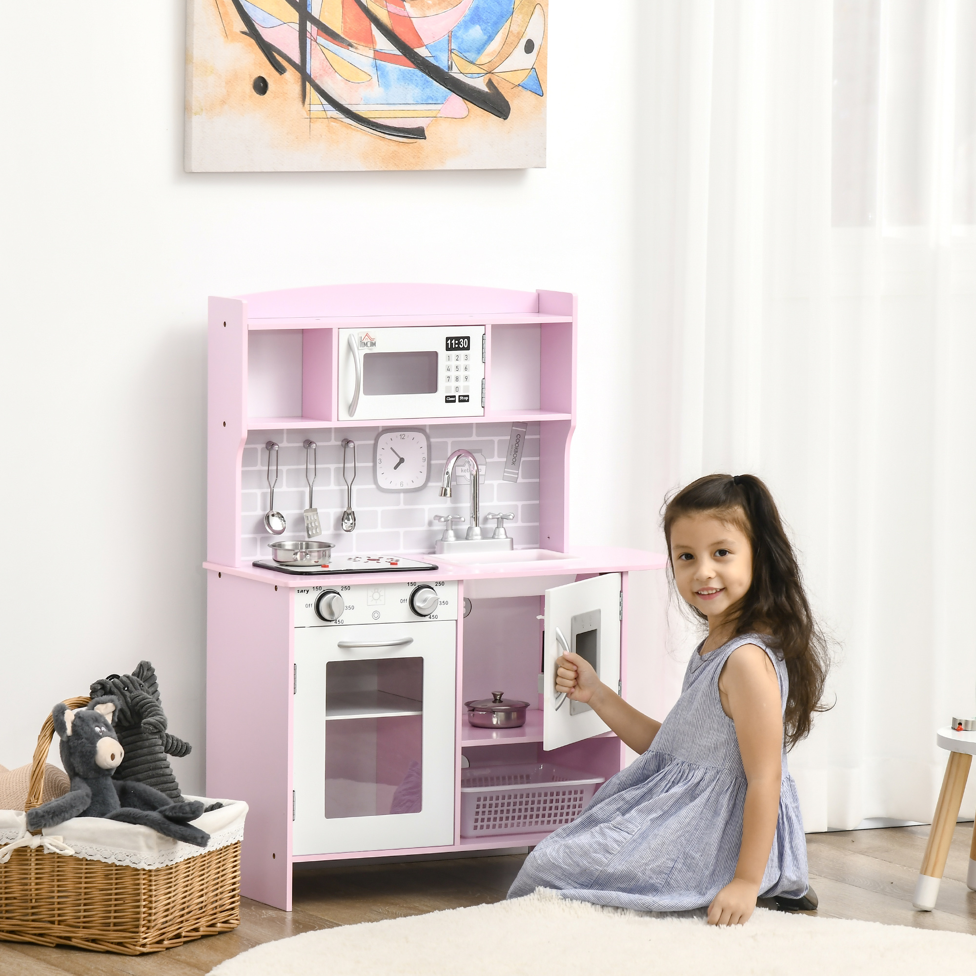 Homcom Cucina Giocattolo per Bambini con Fornelli, Luci e Suoni, Microonde, Età 3-6 Anni, Rosa   Aosom Italy