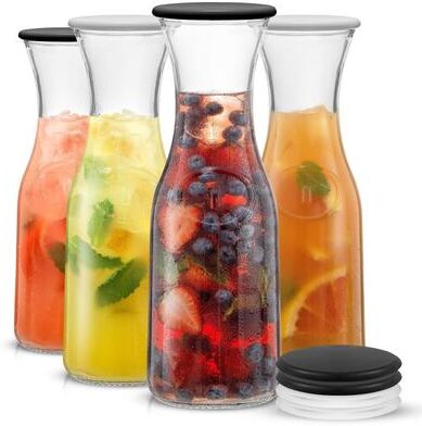 JoyJolt Hali Glass Carafe Bottle Pitcher with 8 Lids - 35 oz - Set of 4