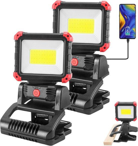 Set van 2 oplaadbare LED werklampen met klem en magneet, 850LM COB verlichting, zwart