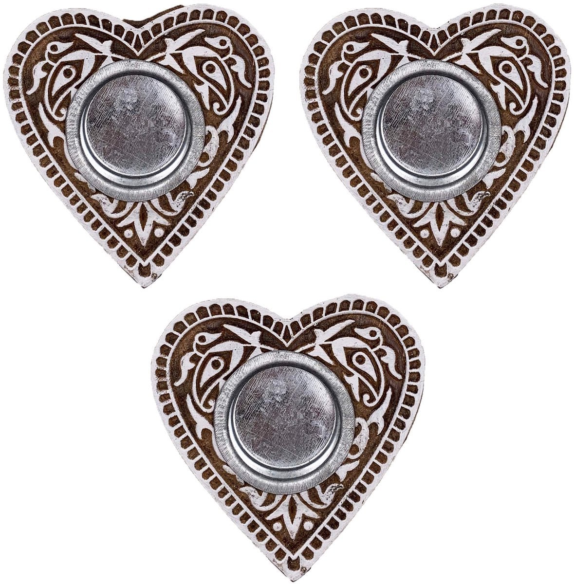 Snadi Set van 3 Hartvormige Houten Kandelaars - Handgemaakte Hindoeïstische Decoratie