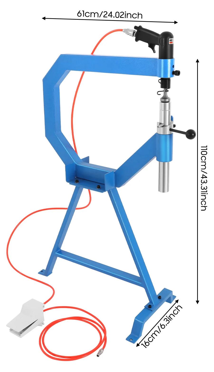 Pneumatischer Planierhammer - Blechbearbeitungsmaschine - Fußpedal und Ständer - 3 Ambosse 2,5/5/7,6 cm - 50-100 PSI - Für Stahl und Aluminium - Schwarz/Blau