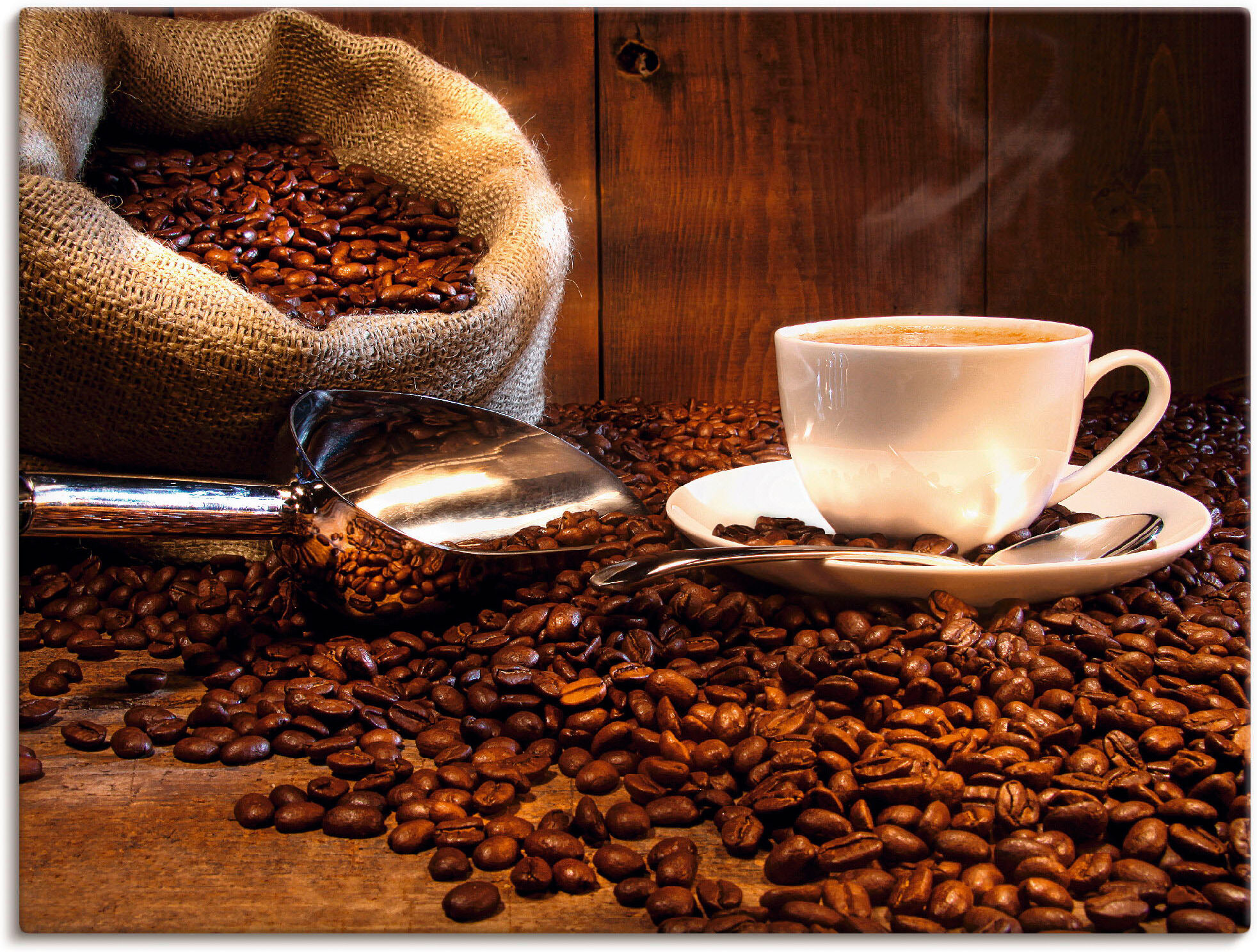 Leinwandbild ARTLAND "Kaffeetasse und Leinensack auf Tisch", braun (farbe bild(er): braun), B:80cm H:60cm, Bilder, Leinwandbild, auf Holzrahmen gespannt farbe bild(er): braun B/H/T: 80cm x 60cm, Leinwandbild Getränke Querformat, 1 Stk.