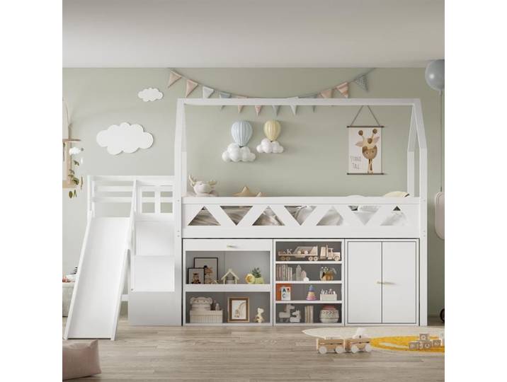 DRIPEX Lit mezzanine 90×200cm avec toboggan et escaliers Lit enfant avec tiroirs et casiers armoire espace de rangement Blanc