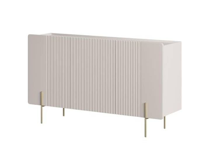 Lomadox Wohnzimmer Kommode Schrank 150 cm breit in Kaschmir, gerillte Front, 3 grifflosen Türen, Metallgestell goldfarben, Softclose-Funktion
