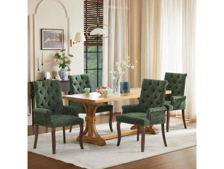 SoarFlash 4er Set Chenille-Sessel Grün, Modernes Knopftuft-Design Weiches strapazierfähiges Chenille-Gewebe, stabile Massivholzbeine. Eleganter Stil für Wohn-, Ess- und Schlafzimmer.