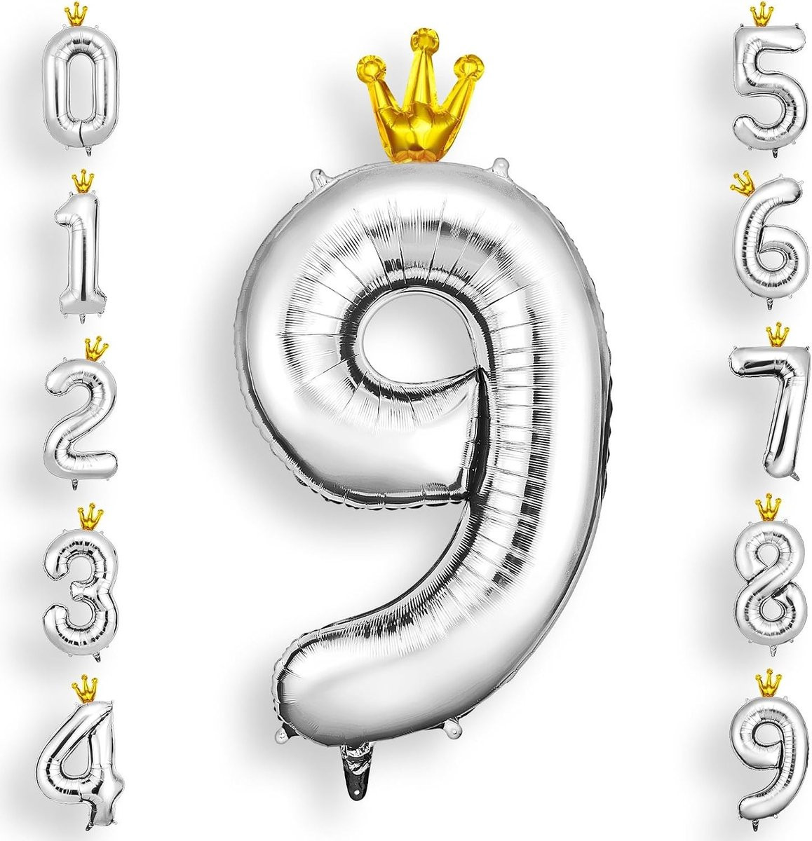 Grote Decoratieve Ballon Nummer 9 met Zilveren Kroon, 101 cm Helium Ballon voor Verjaardagsdecoratie