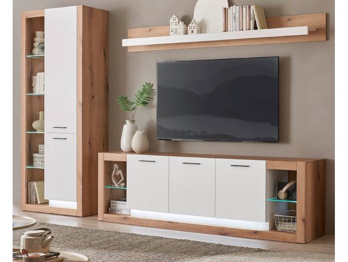 Furn.Design Wohnwand Rivian, (Schrankwand in weiß matt mit Evoke Eiche, 3-teilig, 290 x 195 cm), Breite Lowboard 198 cm, Komforthöhe