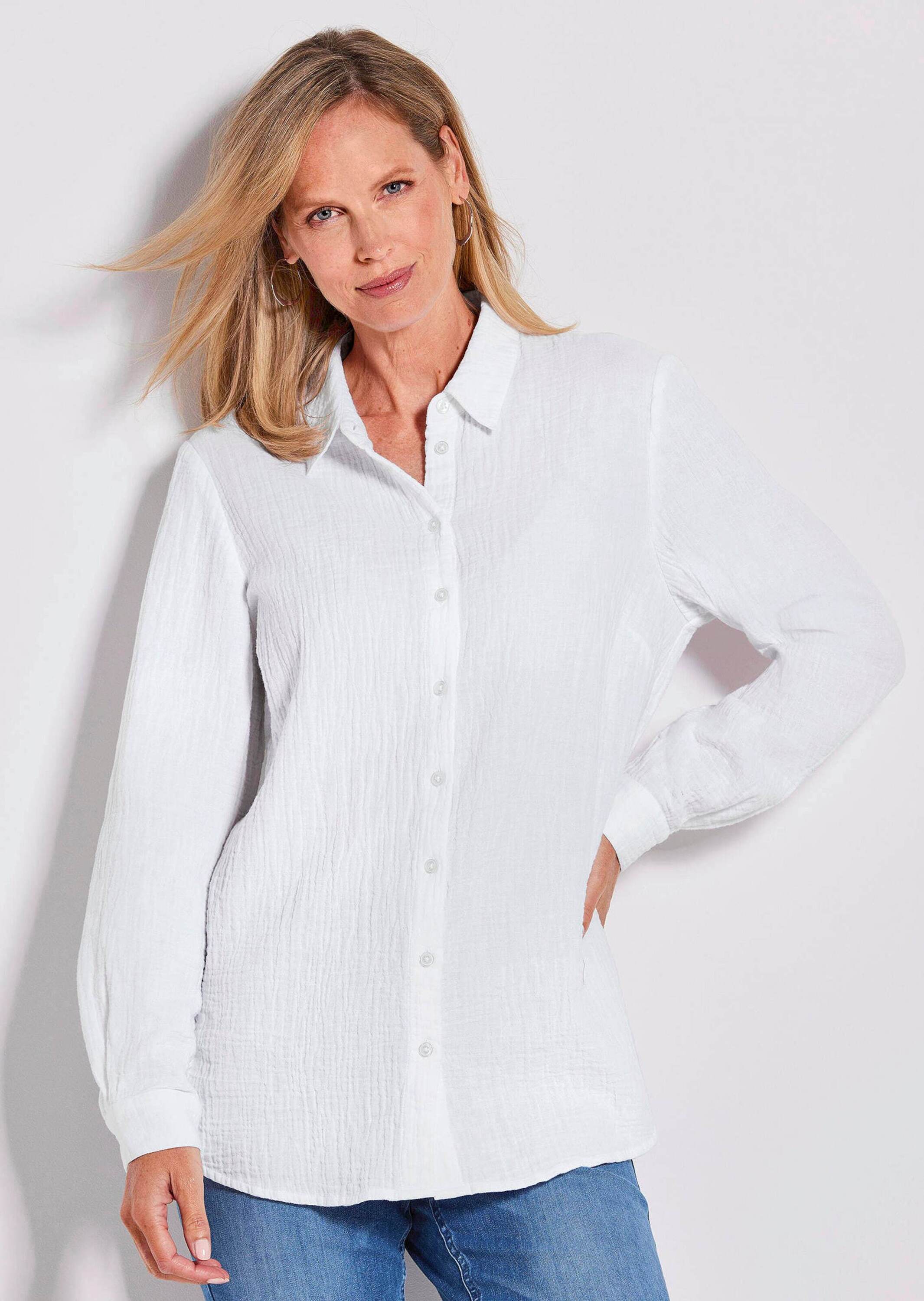 Hemdbluse GOLDNER "Verlängerte Langarm Musselin-Bluse", Damen, Gr. 42, weiß, Obermaterial: 100% Baumwolle CO., Basic, figurumspielend, Manschette, Blusen Hemdbluse, überaus hautfreundliche Qualität