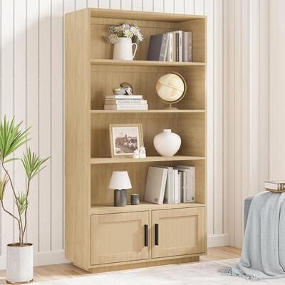Yun Boho Bookcase with Rattan Doors, 5 Tier Bookshelf
