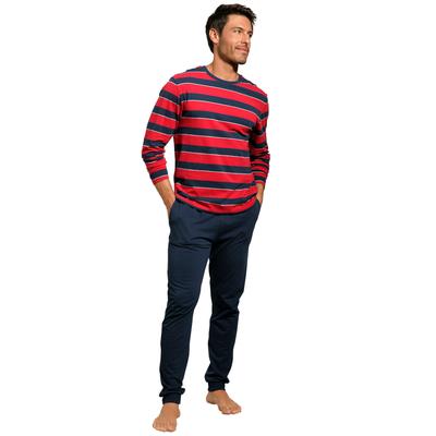 Pyjama H.I.S, Herren, Gr. 52/54 (L), bunt (rot, navy, gestreift, navy), Jersey, Obermaterial: 100% Baumwolle, gestreift, Basic, bequem lang, Rundhals, abgesteppte Kante, Homewear-Sets Pyjama, Schlafanzug mit aufwendig gestreiftem Oberteil