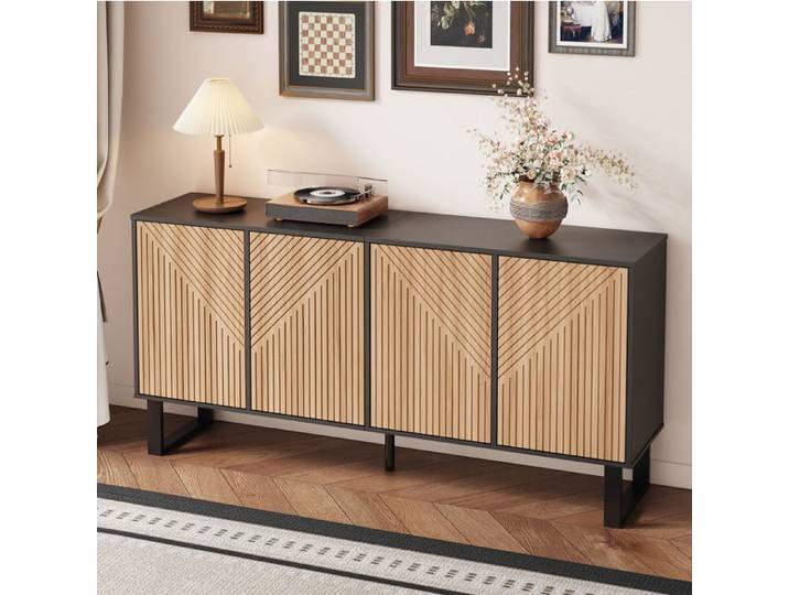 Buffet bas moderne IVMEU 160 cm noir et effet bois portes striées 3D grand rangement