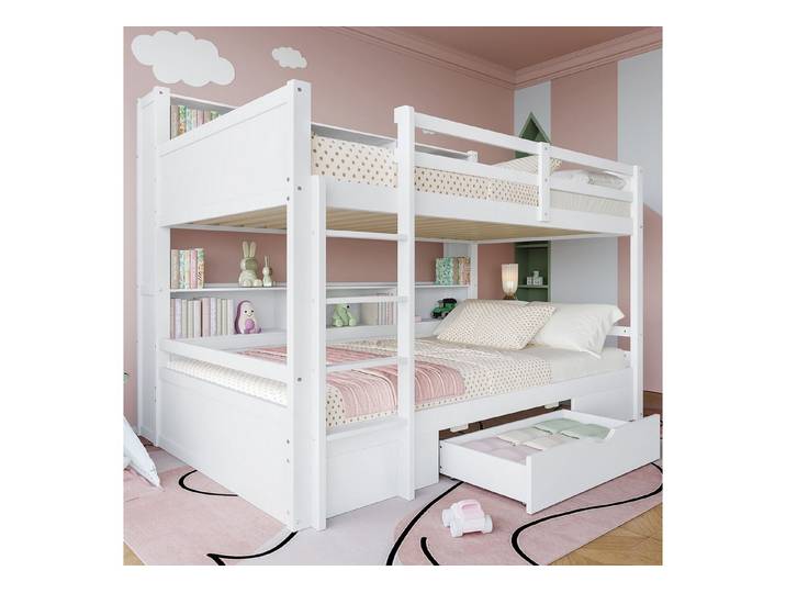 TavilaEcon Etagenbett für 2 Kinder mit Schubladen und Staufächern, 90x200cm, Kinderbett, mit integrierter Leiter, Weiß