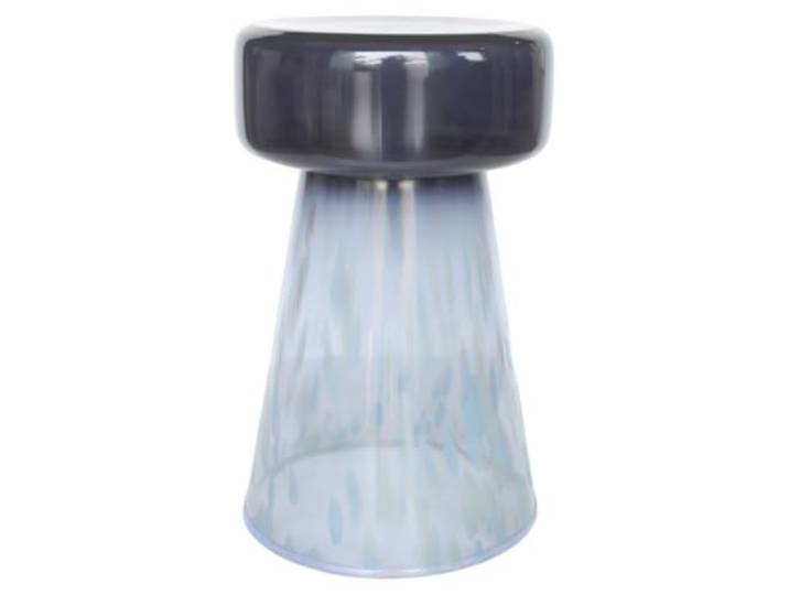 Beistelltisch aus mundgeblasenem Glas, transluzent, graue Platte, 50 cm Ein einziges Glasstück, konischer Sockel mit weißen und blauen Pinselstrichen, Tisch neben Sofa oder Bett