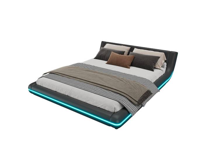 Flieks Flachbett 160x200cm Schwarz PU LED-Umgebungslicht Bodenbett, Holz, 160x200 cm, Schlafzimmer, Betten