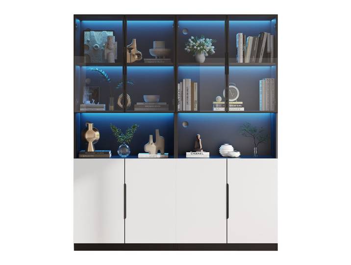 Vitrine bibliothèque noir 4 portes blanches en verre avec LED