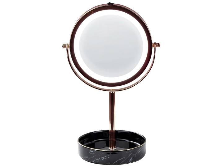 BELIANI Kosmetikspiegel mit LED-Beleuchtung Roségold u. Schwarz ø 20 cm aus Eisen u. Keramik Doppelseitig Vergrößerungsspiegel Schminkspiegel
