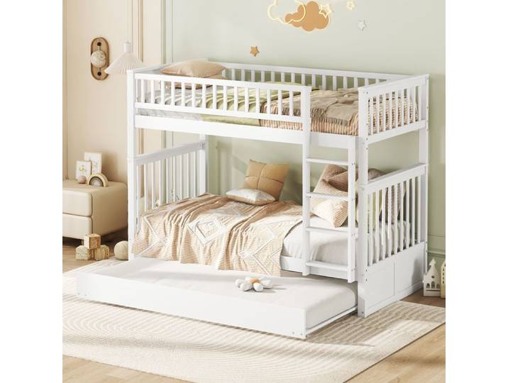90 * 200cm lits superposés lit d'enfant trois lits superposés avec lit gigogne haute barre de barre escalier stable blanc