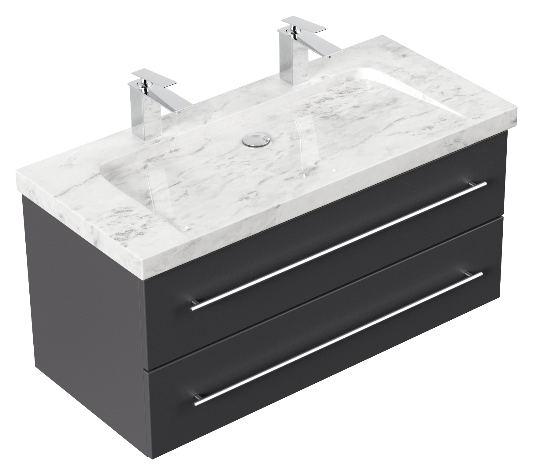 Badmöbel Marmor Carrara White Damo 100 cm 2 Hahnlöcher SoftClose anthrazit : Anthrazit Varianten: Anthrazit