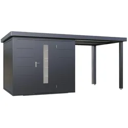 Wolff Finnhaus Premium Metall Gartenhaus Thorin 4824 Anthrazit inkl. 240 cm Anbaudach Lounge-Anbau rechts