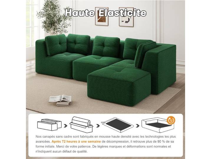 Canapé d'angle modulable 3 places vert en velours côtelé sans montage