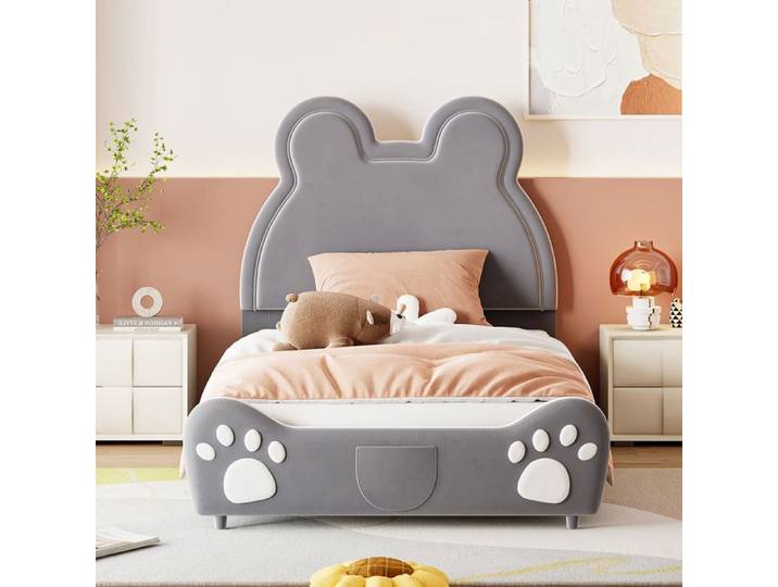 Lit enfant tapissier - KOMHTOM - en forme d'ours - 90x200 cm - velours - sommier à lattes