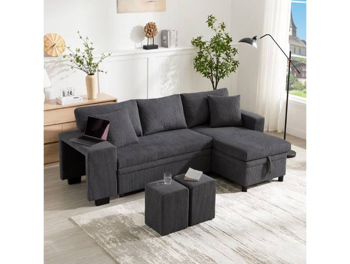 Canapé Convertible D Angle 3 Places Gris En Velours Côtelé Avec Ports USB Et USB C Rangement Étagère Latérale Poufs Inclus