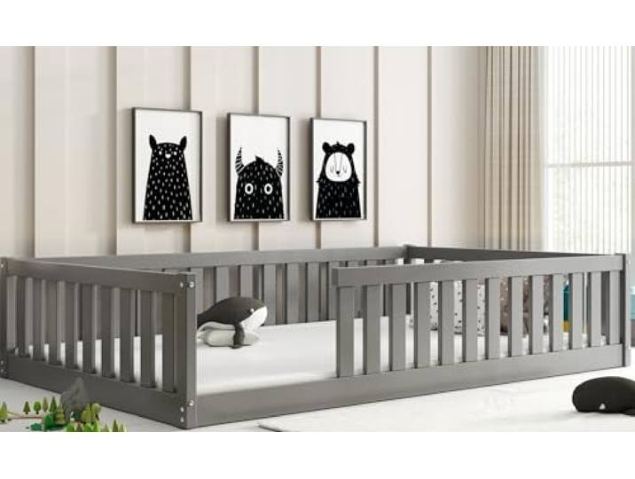 Interbeds Bodenbett Bella 120x200 mit Rausfallschutz & Lattenrost Kinderbett aus Holz Einzelbett Montessori Bed Gitterbett Kleinkindbett bis 120 kg Kiefer Holz massiv Junge Mädchen (grau, 120x200)