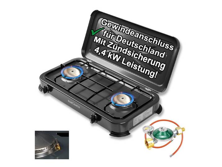 BlueCraft Gaskocher 2 flammig mit Zündsicherung 50mbar Propan Gas Campingkocher 4,4 kW, (mit Schlauch 100 cm und Gas Regler Druckminderer mit Manometer), Camping Gas Kocher 2 flammen für Gasflasche Gasherd Gas-Kochfeld