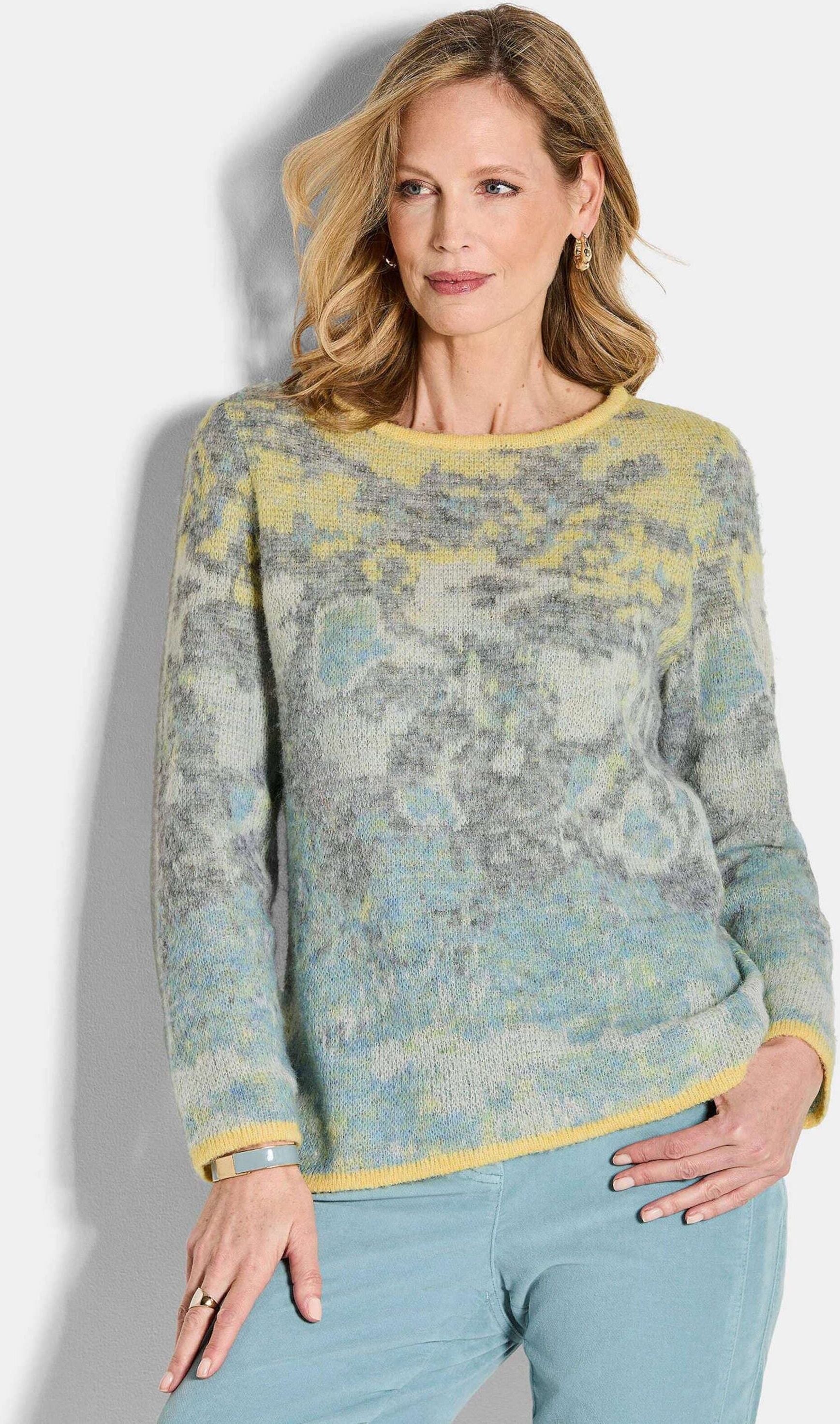 Rundhalspullover GOLDNER "Langarm Jacquard-Pullover mit Muster", Damen, Gr. 46, bunt (bunt, gemustert), Obermaterial: 60% Polyester PES. 30% Polyamid PA. 10% Schurwolle WV., Modisch, gerade, U-Boot-Ausschnitt, Pullover Rundhalspullover, impressionistische