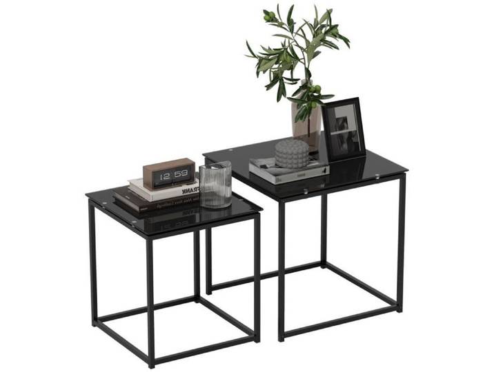 Ensemble de 2 tables d'appoint design moderne empilables en verre noires