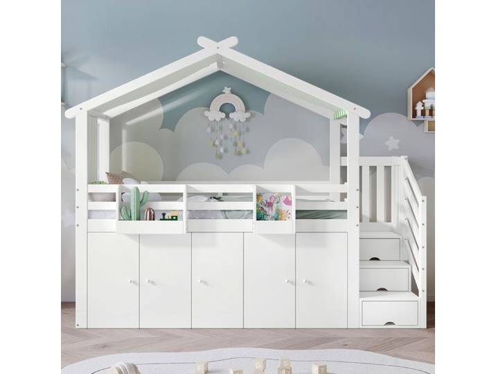 Lit superposé - SINGULARITY - 90x200cm - 1 armoire - 2 casiers - Barrière de sécurité