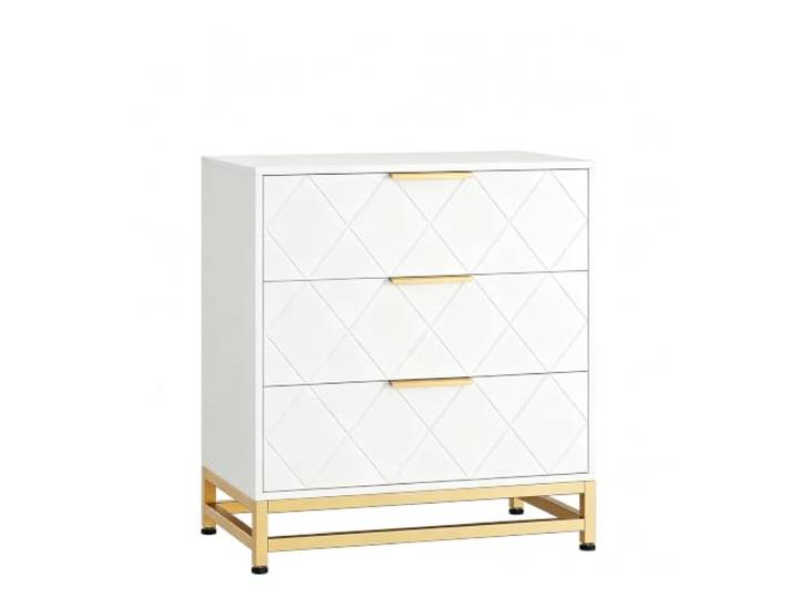 GarveeHome Kommode 3 Schubladen MDF Metallgriffe Stauraum Weiß Breite Fächer, Goldakzente, Geräumiger Innenraum, Pflegeleicht, Bettbereich